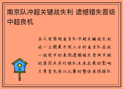 南京队冲超关键战失利 遗憾错失晋级中超良机